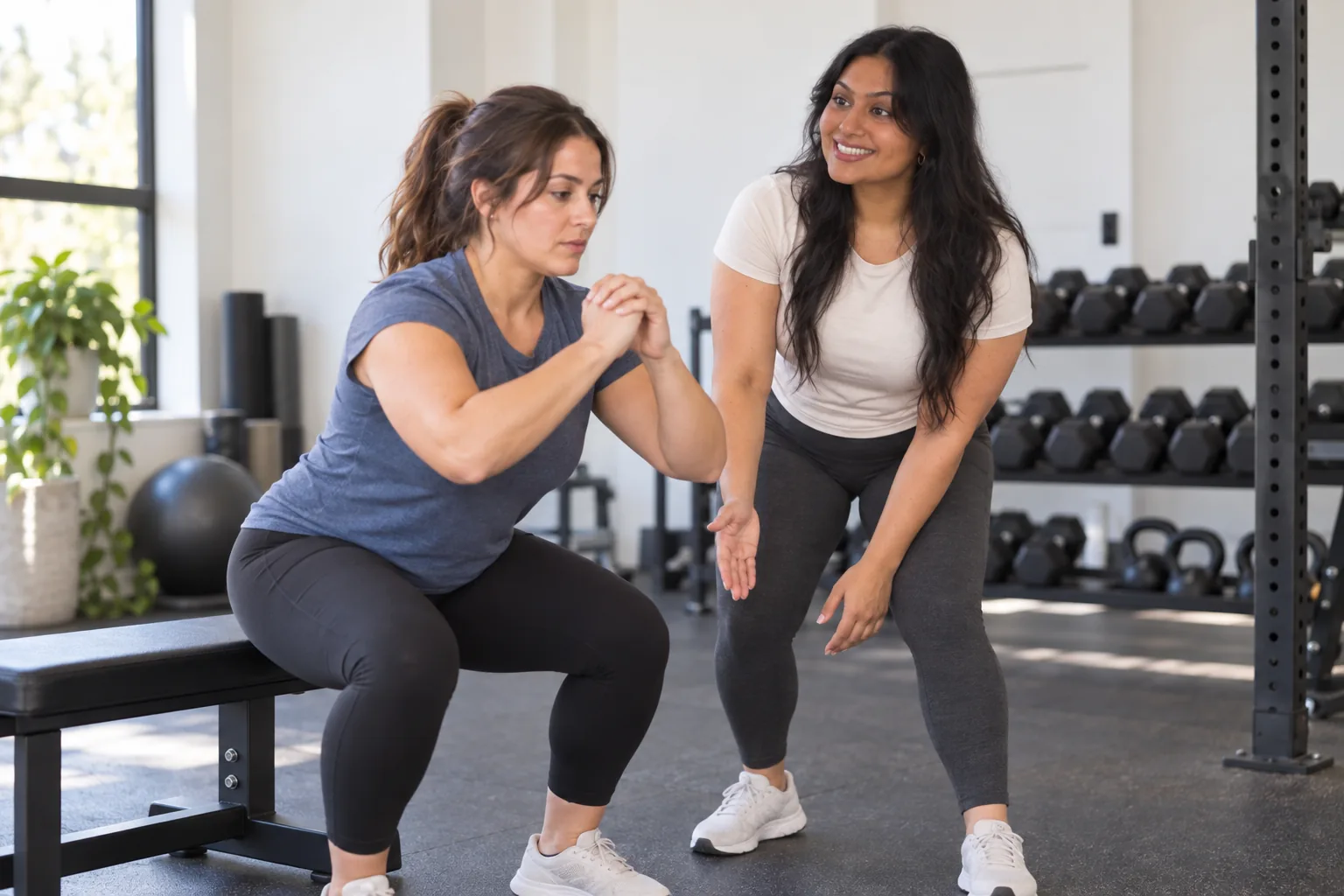 Jeevan coaching a client through a squat beside a bench in a bright gym.