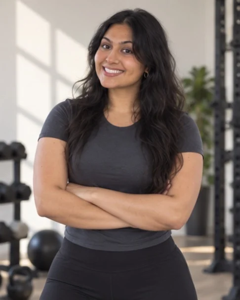 Jeevan standing with her arms folded in the gym, smiling at the camera.