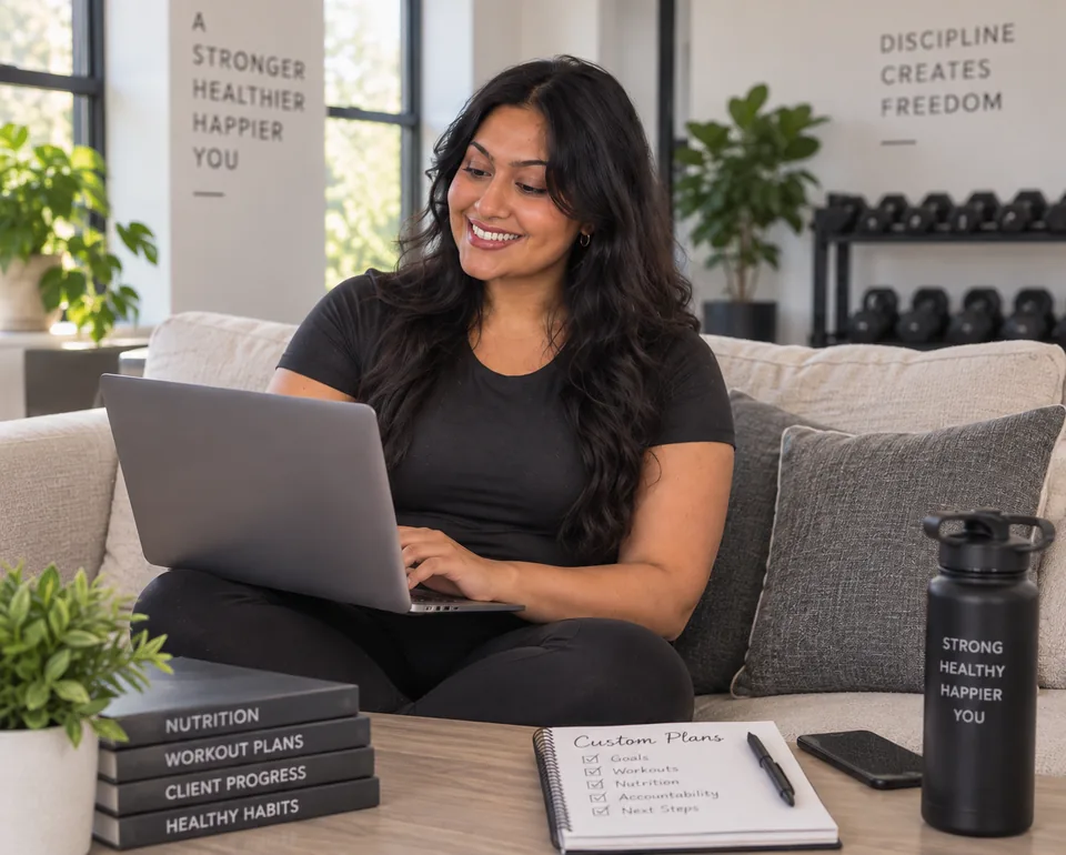 Jeevan writing a client plan on a laptop, notebook open beside her.
